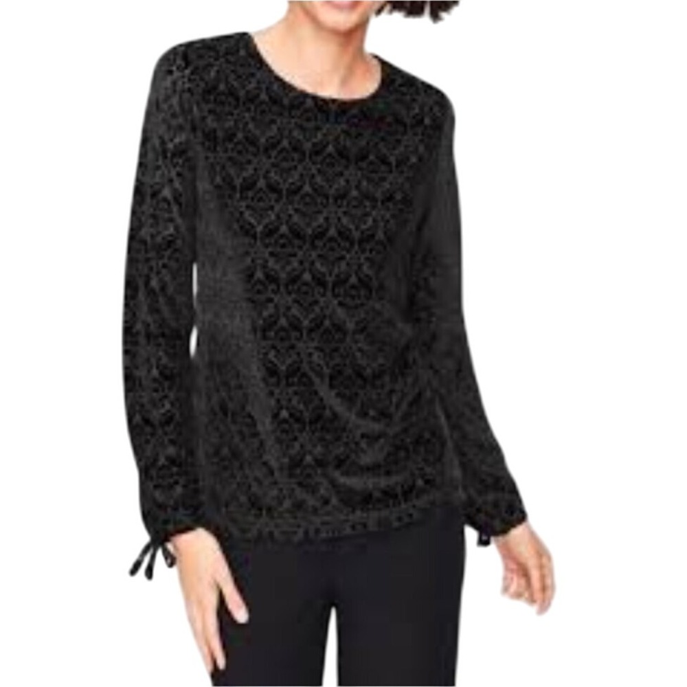 Talbots Petite Black Velvet Burnout Long Sleeve Tie Cuff‎ Top MP